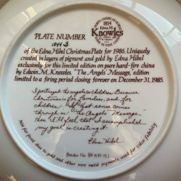 1985 Edna Hibel Christmas Plate "The Angels' Message" Knowles China - Picture 6 of 8